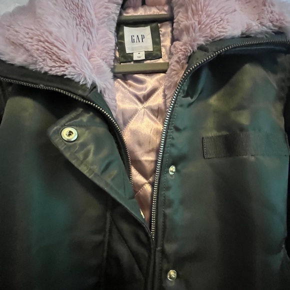 Woman’s Gap Green Bomber Jacket with Pink Faux Trim - Picture 9 of 13